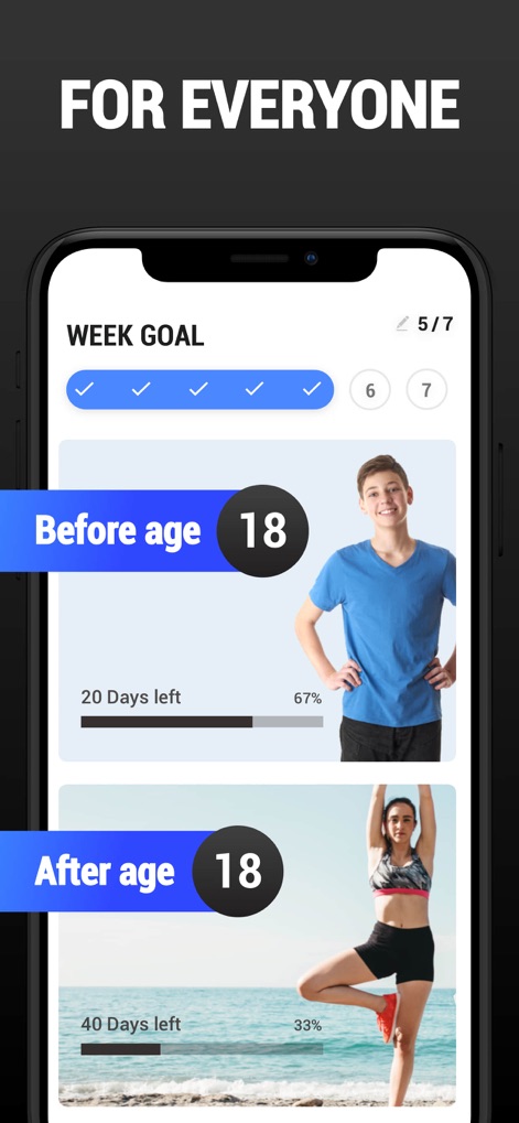 Teen Workout & Meal Plan - This app customizes workout plans for users based on age, specifically showing options for "Before age 18" and "After age 18" to align with developmental goals and display their "WEEK GOAL" progress.