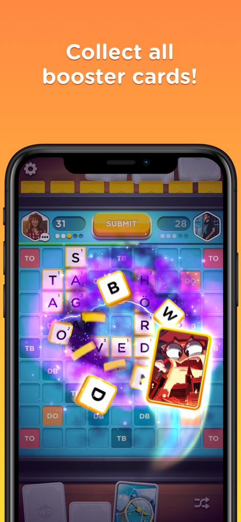Word Domination: PvP Word Game - Discover the power of collectible boosters, demonstrated through the animated tile scramble effect on the main board and the visually prominent, highlighted booster card.