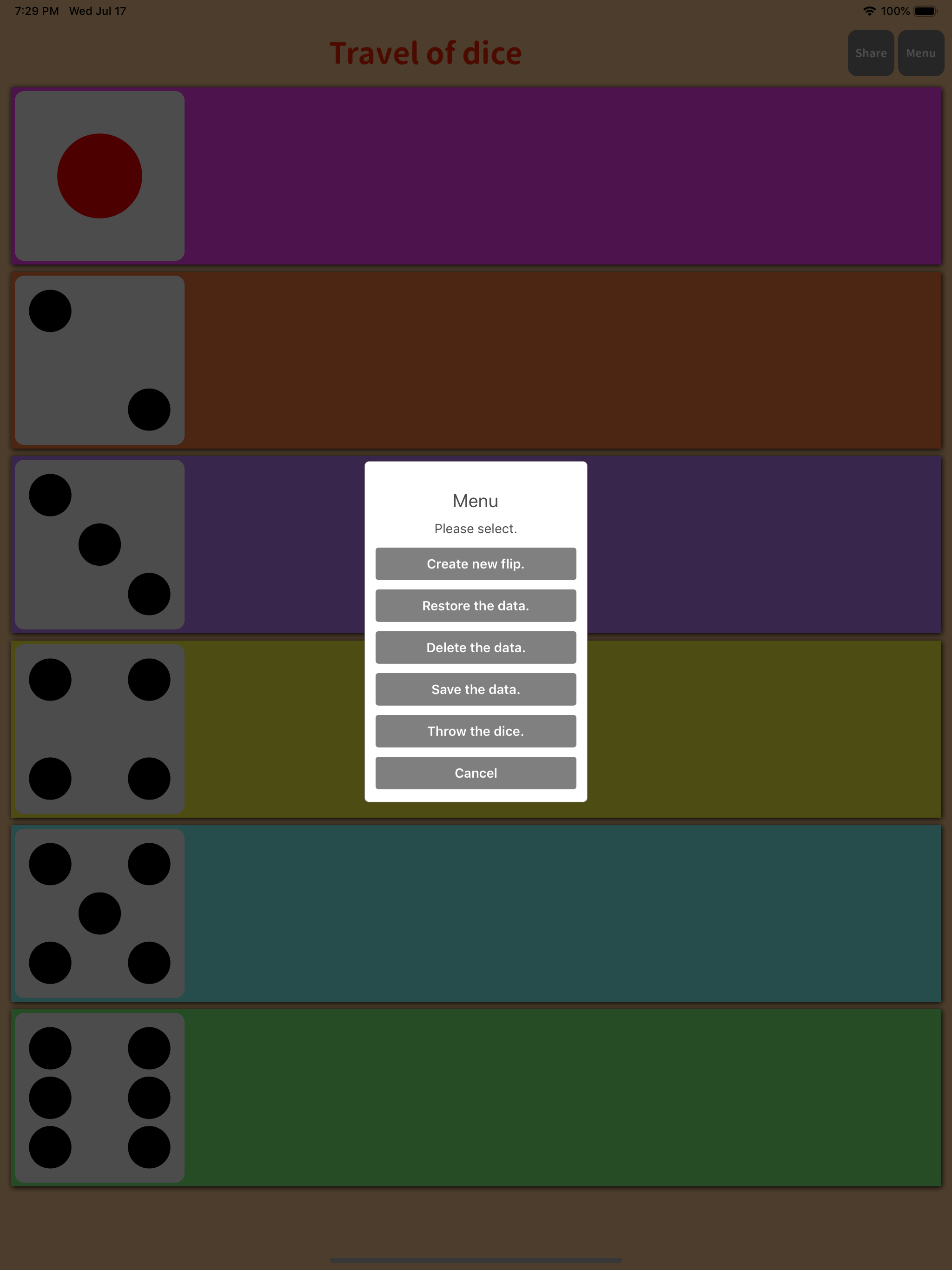 Travel of dice