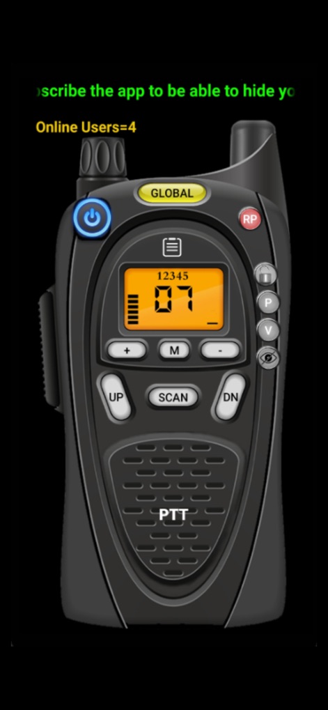 Online Walkie Talkie Pro - The app's main screen showcases the prominent PTT button for instant voice transmission and a clear digital channel display.