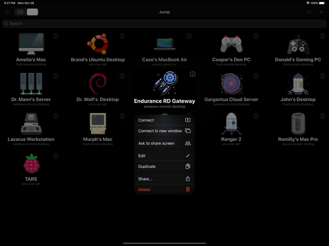 Екранна снимка на Jump Desktop (RDP, VNC, Fluid).