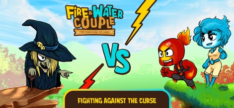 Fire and Water: Online Co-op - Dieses Bild inszeniert den epischen Konflikt zwischen der bösartigen Hexe und dem Feuer- und Wasser-Paar, visuell verstärkt durch Blitze und das klare „VS“-Symbol, das den Kampf gegen den Fluch symbolisiert.