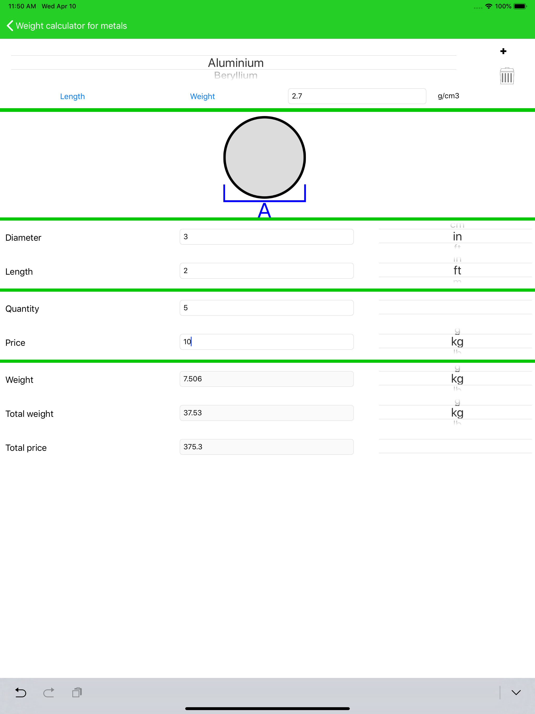 Weight calculator for metals