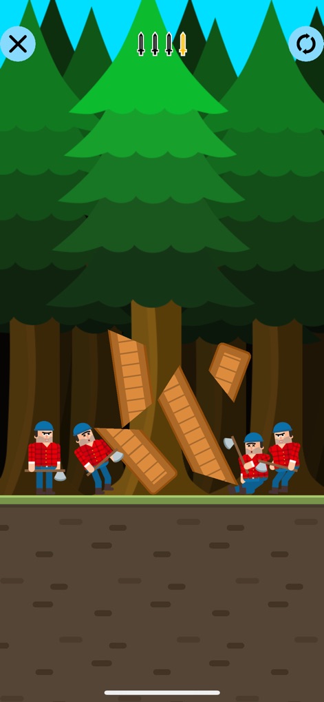 Mr Ninja - Slicey Puzzles - Experience the engaging physics-based puzzles, where players can manipulate falling wooden blocks to overcome multiple lumberjack enemies in a lush forest setting.