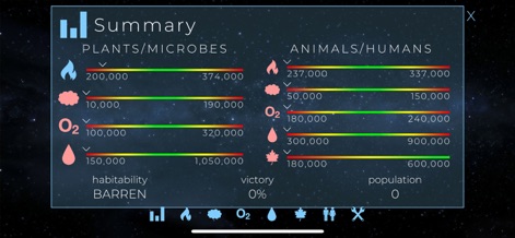 TerraGenesis - Space Settlers - Review the comprehensive 'Summary' screen, offering detailed progress bars for vital resources like 'Oxygen' and 'Water', alongside key metrics such as 'population' and 'victory percentage'.