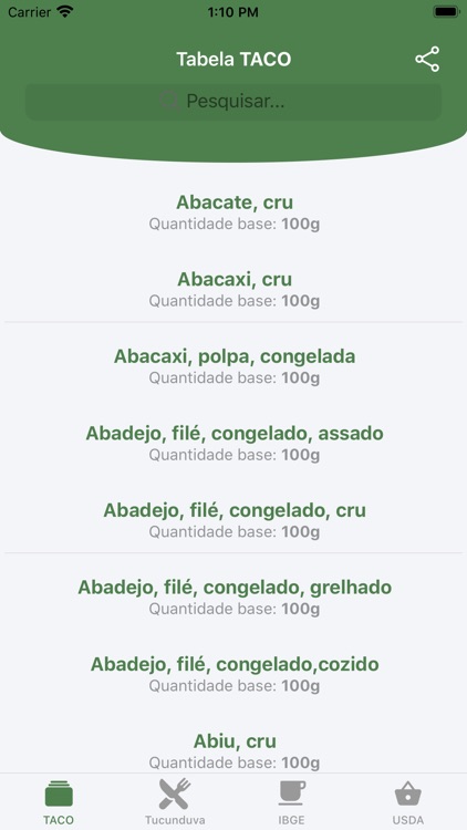 Taco App: Tabela Nutricional