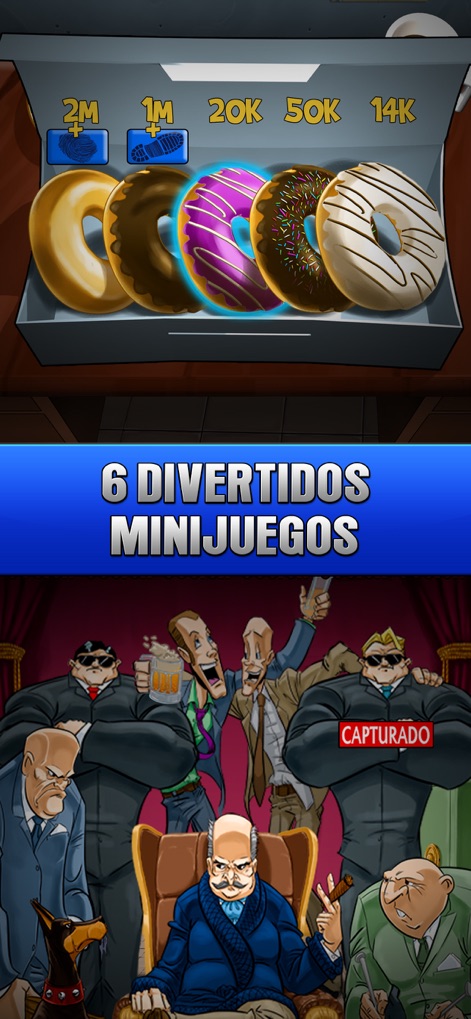 FBI Academy - Tragaperras Bar - L'application diversifie le jeu avec des mini-jeux engageants, incluant la sélection de beignets pour des prix et des scènes thématiques avec des personnages de l'univers policier.