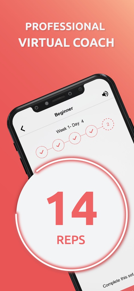 Push Up Challenge - Push Ups - L'app funge da coach virtuale, guidando gli utenti attraverso sessioni specifiche come la "Week 1 - Day 4" e indicando chiaramente il numero di ripetizioni da completare, ad esempio "14 REPS".