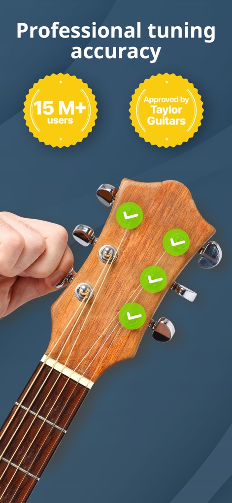 Guitar Tuner - Ukulele & Bass - Discover how the app's advanced algorithms deliver professional tuning accuracy, highlighted by green checkmarks on each string peg and endorsements from industry leaders.