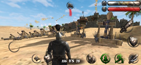 Steel And Flesh 2: New Lands - La captura muestra un asedio intensivo con múltiples máquinas de asedio desplegadas, mientras se observan las espectaculares explosiones de impacto contra las murallas del castillo.