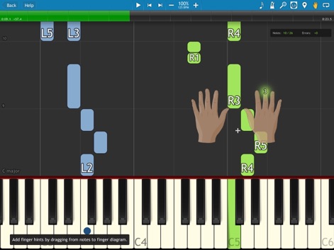 Synthesia - 이 앱은 애니메이션 손가락 가이드를 제공하여 사용자가 정확한 운지법을 익히고, 떨어지는 음표 블록으로 시각적인 학습을 지원합니다.