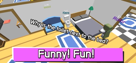 Hide.io - This image showcases the app's lighthearted humor, with a character ingeniously disguised as a bedroom fixture and the unexpected placement of common objects in the environment.