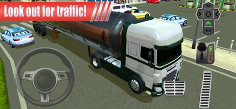 Gas Station: Car Parking Sim - Navigate heavy vehicles like the imposing fuel tanker truck through realistic traffic conditions, utilizing the on-screen steering wheel and pedal controls.