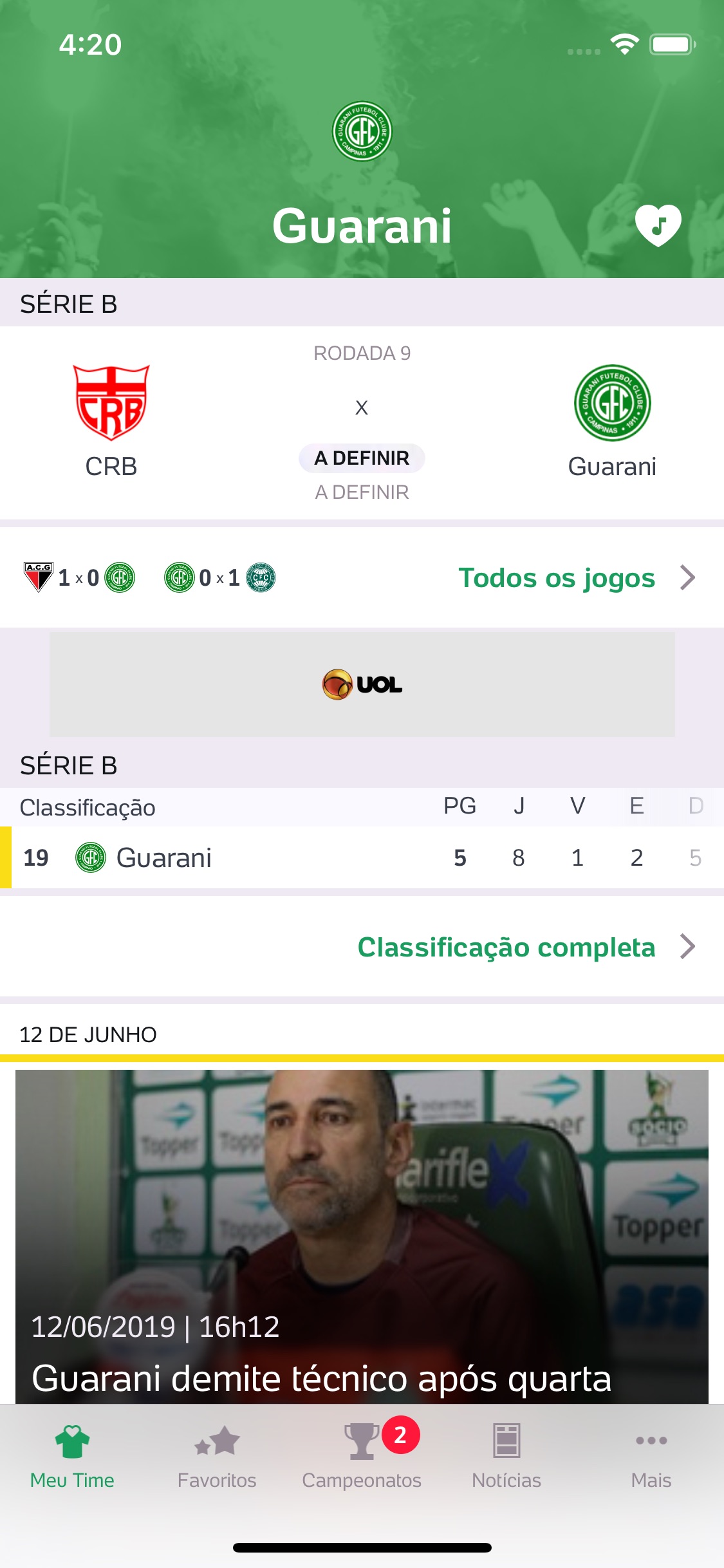 Screenshot do app Placar UOL - Brasileirão 2019