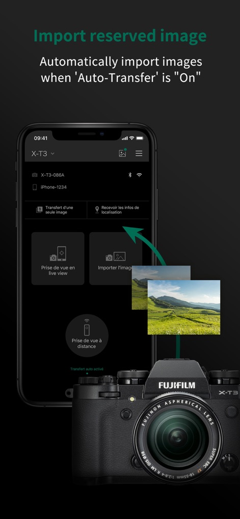 FUJIFILM Camera Remote - Dieses Tool automatisiert den Bildimport von der FUJIFILM X-T3 Kamera auf das Smartphone, was durch eine visuelle Darstellung des Übertragungsprozesses und eine klare Anzeige der Bluetooth-Verbindung signalisiert wird.
