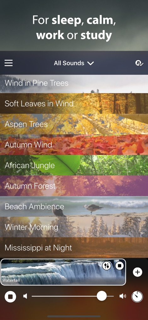 Rain Rain Sleep Sounds - 사용자는 'Wind in Pine Trees'와 같은 자연 소리부터 'African Jungle'과 같은 이국적인 테마, 그리고 하단의 'Waterfall' 이미지와 같은 시각적인 요소를 통해 수면, 집중, 휴식을 위한 다양한 분위기를 선택할 수 있습니다.