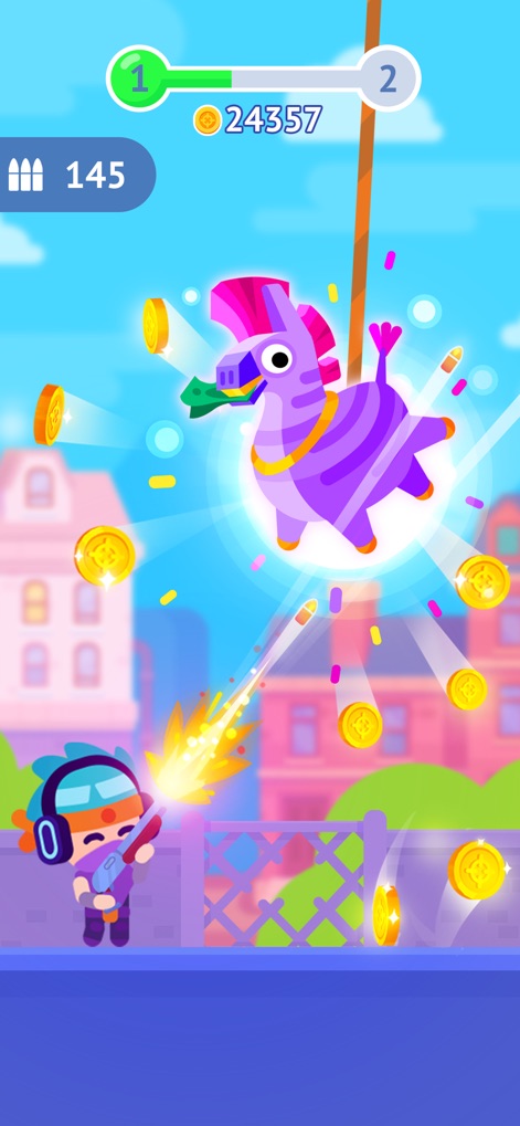 Pinatamasters - このアプリでは、紫色のシマウマ型ピニャータを狙い撃ちし、弾けるように飛び散るコインを集める爽快感を体験できます。