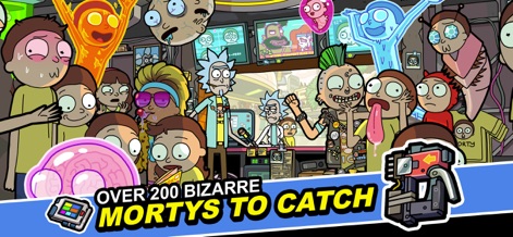 Rick and Morty: Pocket Mortys - L'app presenta una vasta collezione di Mortys bizzarri, dove gli utenti possono ammirare la loro diversità di design, inclusi Mortys alieni e punk, mentre Rick opera un pannello di controllo.