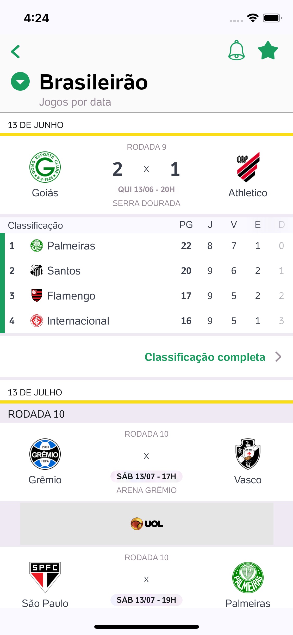 Screenshot do app Placar UOL - Brasileirão 2019