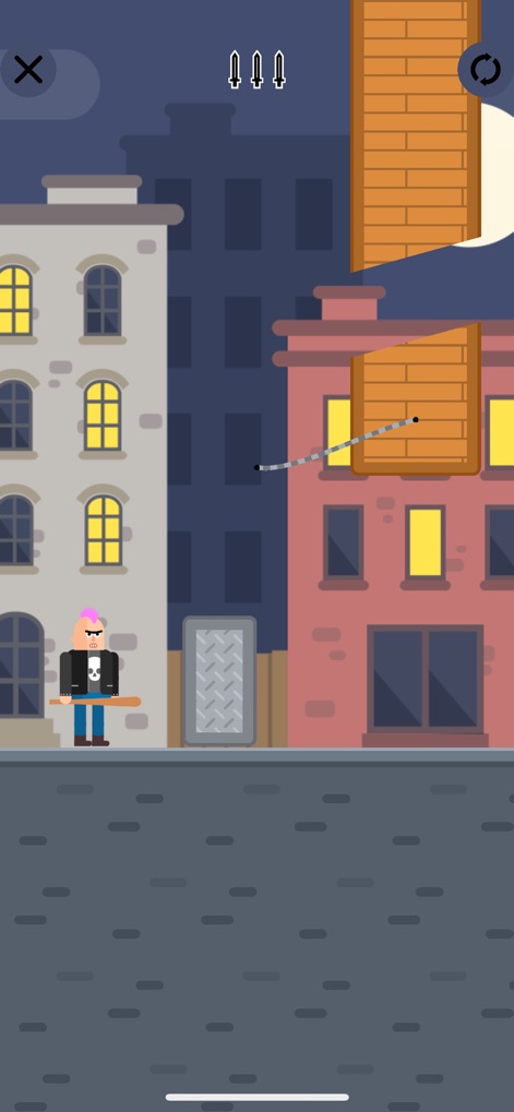 Mr Ninja - Slicey Puzzles - Explore the urban challenge, where a punk character is positioned on a precarious platform, showcasing the intricate level design and a crucial rope-like element.