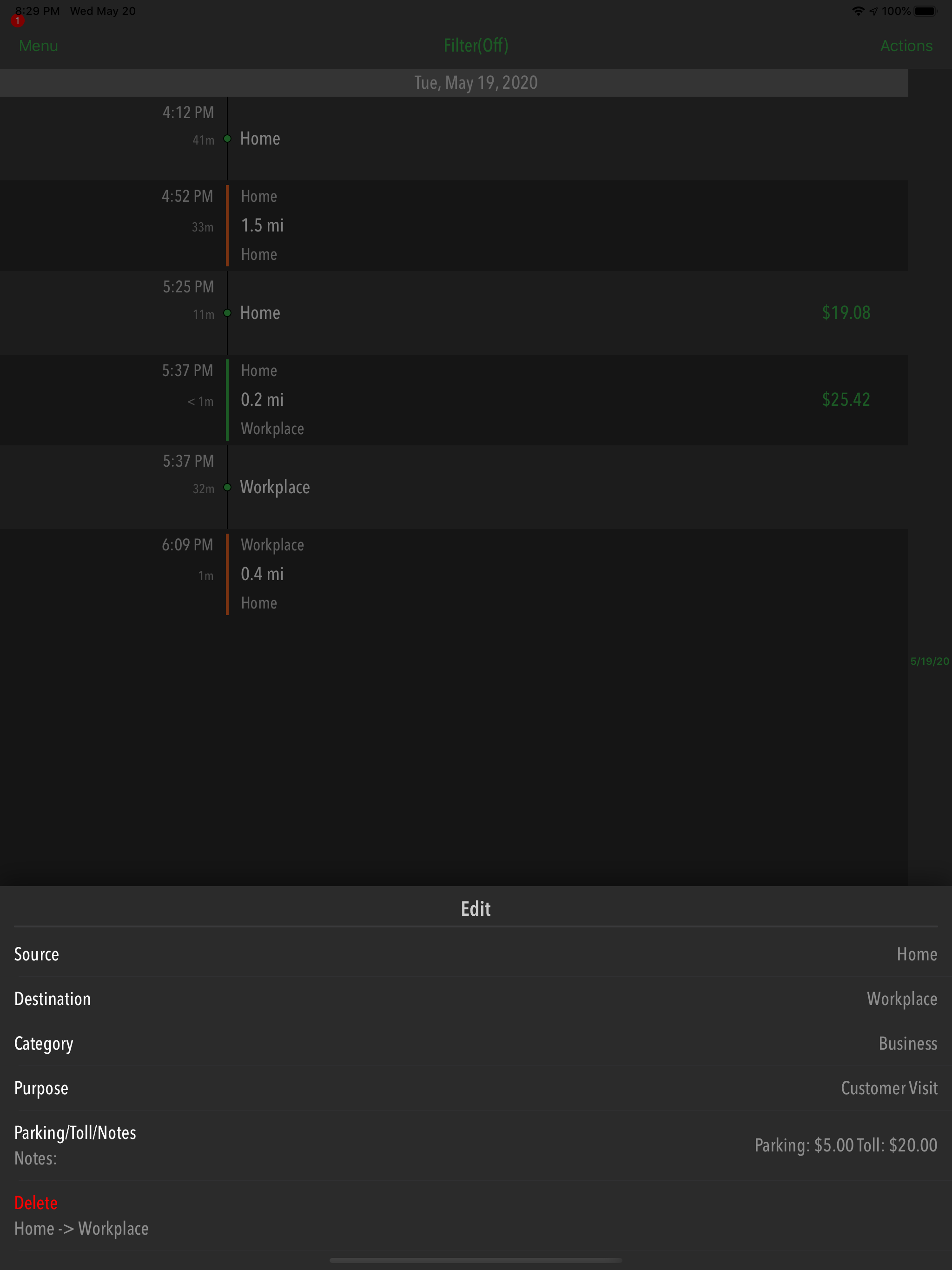 GPSPlus: Work, Miletracker log screenshot 4