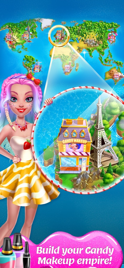 Candy Makeup Beauty Game - Os usuários são incentivados a construir seu império de beleza, visualizando um mapa-múndi com lojas de maquiagem doce estrategicamente localizadas e a icônica Torre Eiffel destacando a expansão global do negócio.