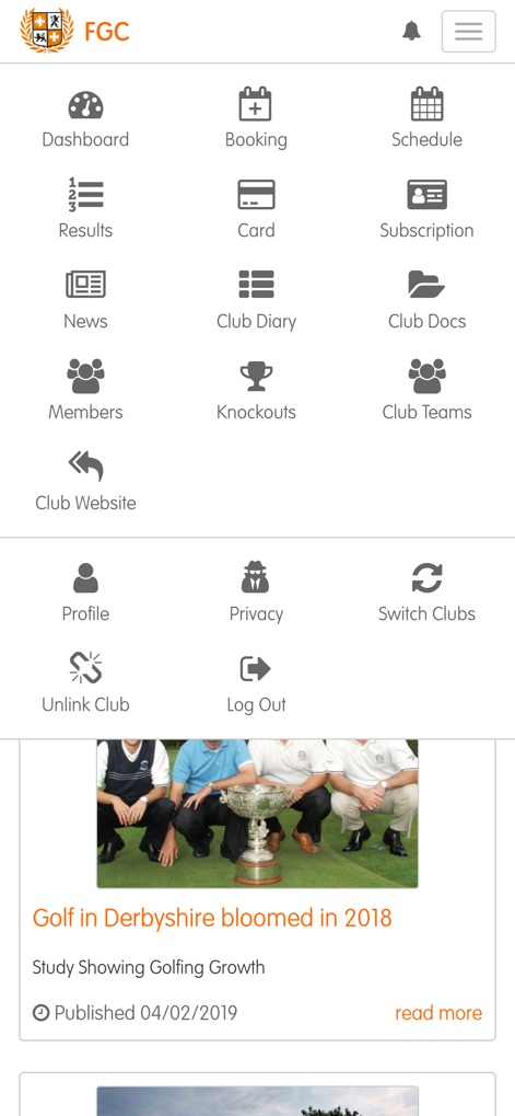 ClubV1 Members Hub - O menu abrangente apresenta todas as funcionalidades, desde o "Dashboard" (Painel) até a seção de "News" (Notícias), proporcionando acesso rápido a todas as ferramentas do aplicativo.