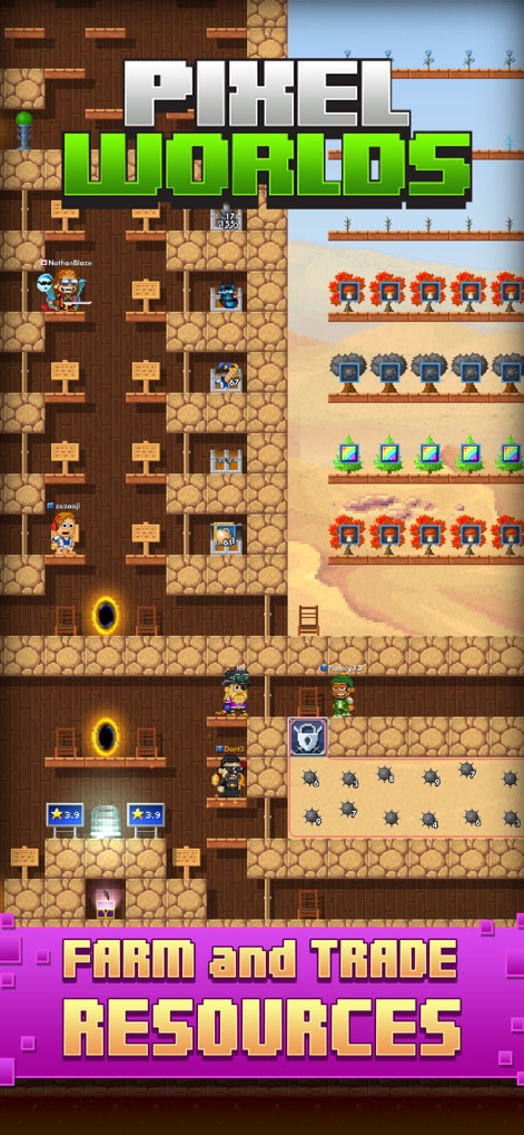 Pixel Worlds: MMO Sandbox - ユーザーは、畑での農作物栽培や鉱物採掘を通じて資源を生産し、表示された看板を通じて他のプレイヤーと活発な取引を行います。