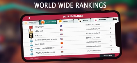 Roulette Royale - Grand Casino - Gli utenti possono confrontare la propria abilità con la classifica mondiale, che evidenzia la 'CURRENT WORTH' dei partecipanti e mostra nomi dei giocatori come 'mei.ying.liu' e 'eddie mok', stimolando una sana competizione.