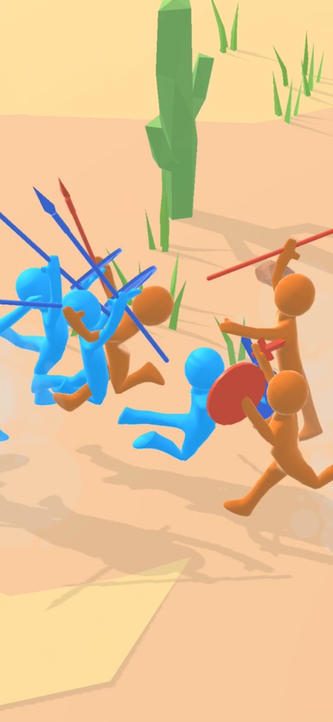 Big Battle 3D - The app showcases dynamic melee combat between blue and orange units, utilizing simple weapon designs like spears and shields in a vibrant desert setting.