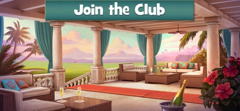 Fairway Solitaire - Card Game - Questa funzionalità promuove l'interazione sociale, raffigurata da un lussuoso patio con comodi divani e flûte di champagne con vista sul campo.
