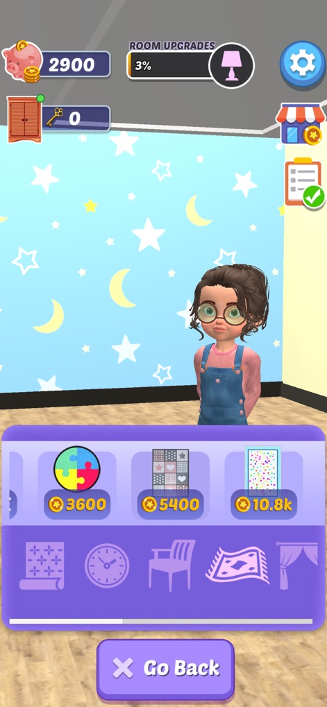Chores! - Spring into Cleaning - Users can express creativity through the comprehensive room decoration menu, featuring diverse wallpaper patterns like the charming moon and star design, and monitoring upgrades via the progress bar.