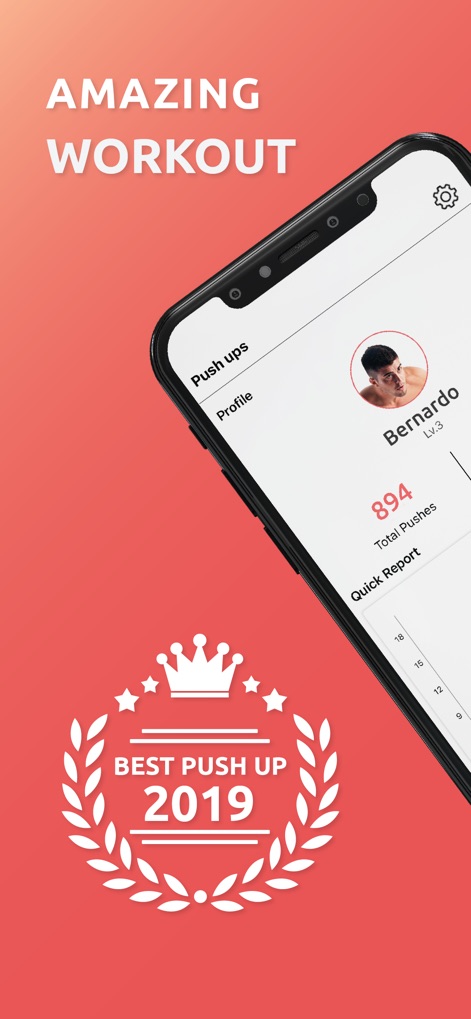 Push Up Challenge - Push Ups - L'app mostra il profilo utente con il livello attuale e il totale delle flessioni eseguite, fornendo una chiara panoramica dei progressi individuali con il profilo "Bernardo, Lv.3" e il numero totale di flessioni "894".