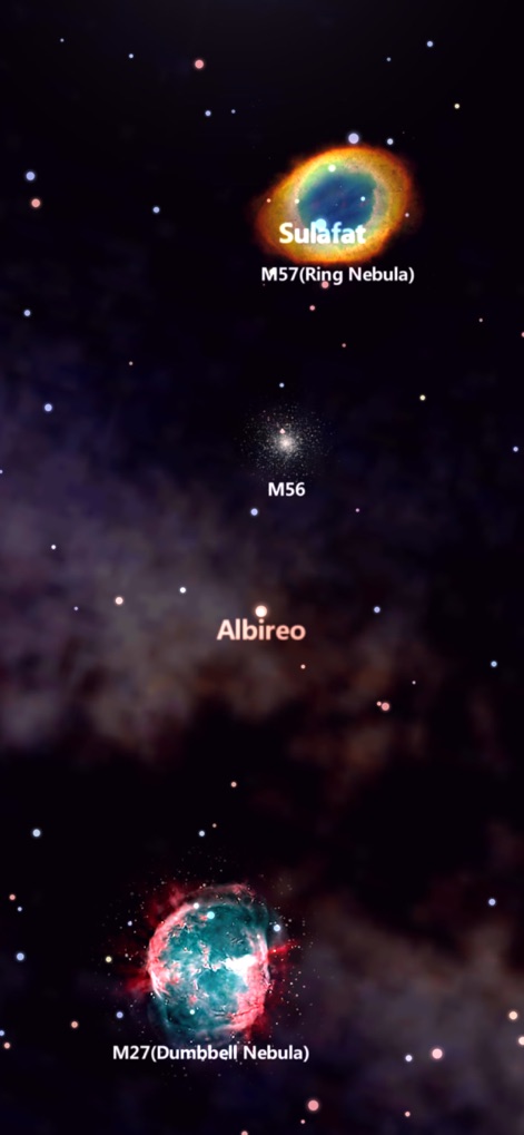 Star Tracker Lite-Live Sky Map - Gaze upon the stunning visuals of deep sky objects, featuring the vibrant Ring Nebula (M57) and the colorful Dumbbell Nebula (M27).