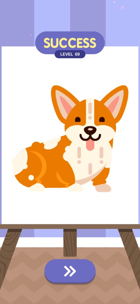 Stencil Art - Spray Masters - Discover how the app helps users create charming images, such as this adorable corgi, achieving "SUCCESS" at "LEVEL 69" with simple sprays.