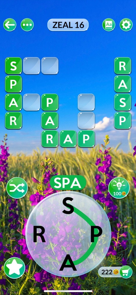 Wordscapes In Bloom - Witness the game's immersive, tranquil outdoor backgrounds, offering a serene setting while utilizing the intuitive letter shuffle and hint options to solve puzzles.