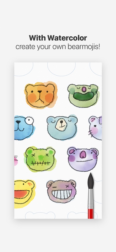 Tayasui Doodle Book - Scribble - The app facilitates the creation of charming characters, such as these varied "watercolor bearmojis", using the expressive capabilities of the visible "watercolor brush" tool.