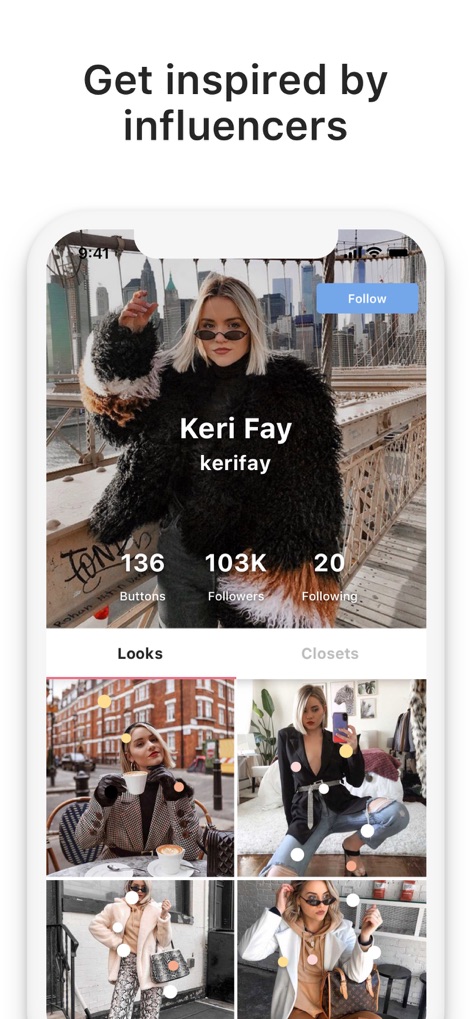 21 Buttons: Fashion Network - This screen showcases dedicated influencer profiles, allowing users to browse a collection of their "Looks" and explore categorized "Closets" filled with inspiring outfits.
