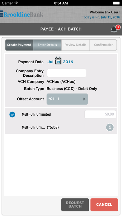 Brookline Bank Cash Management Screenshot