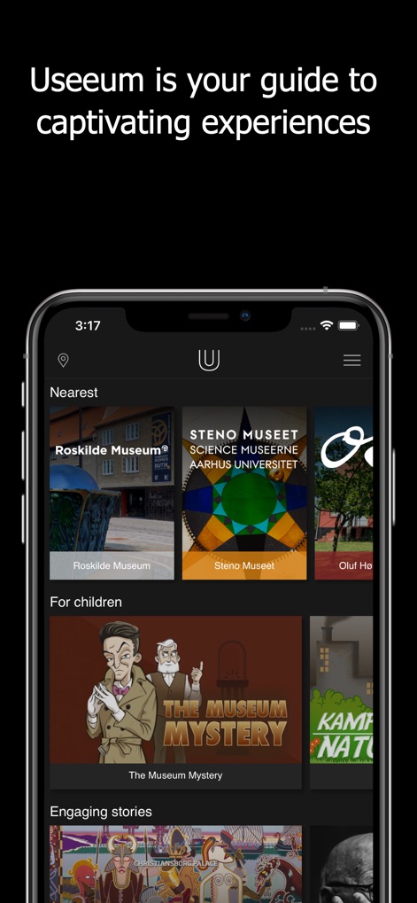 Useeum - This tool showcases its comprehensive content organization with clearly labeled sections like "Nearest" and "For children," highlighting content tiles for specific museums and games.