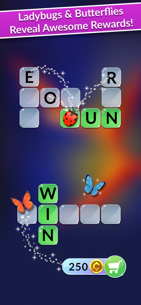 Wordscapes In Bloom - Discover the app's engaging reward system, featuring animated ladybugs and butterflies that reveal bonus opportunities with dazzling sparkling visual effects.