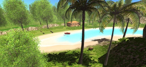 Ocean Is Home: Survival Island - The beautiful sandy beach and serene blue waters hint at extensive coastal exploration, with a small red boat ready for discovery and a distant house.