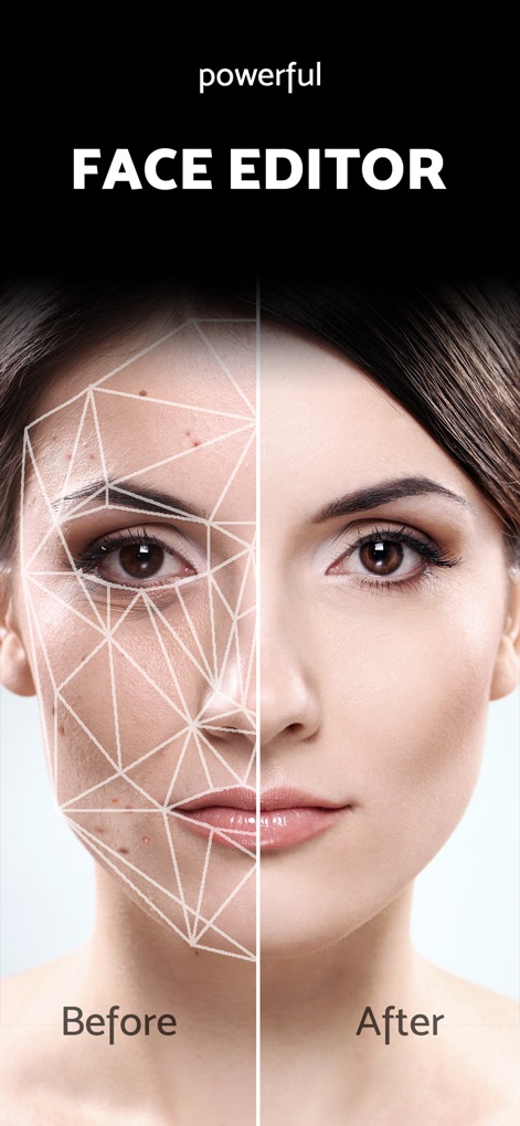 Pixl: Face & Red Eye Corrector - このアプリは、編集前後の比較機能で変化を明確に示し、顔の構造をグリッドで視覚化しながら、細部にわたる精密な調整を可能にします。