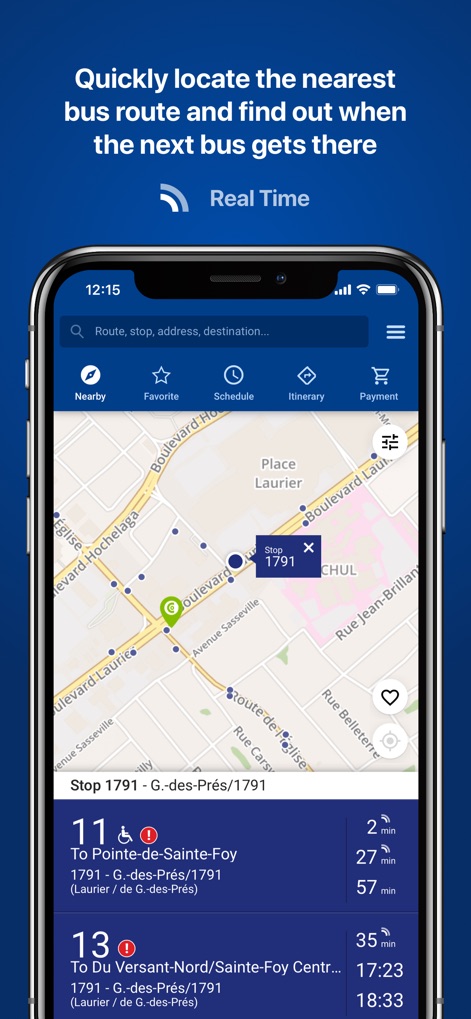RTC’s real-time Nomade - Diese Ansicht zeigt eine interaktive Karte mit Bushaltestellen und Routen sowie präzise Echtzeit-Ankunftszeiten für die nächste Busverbindung.