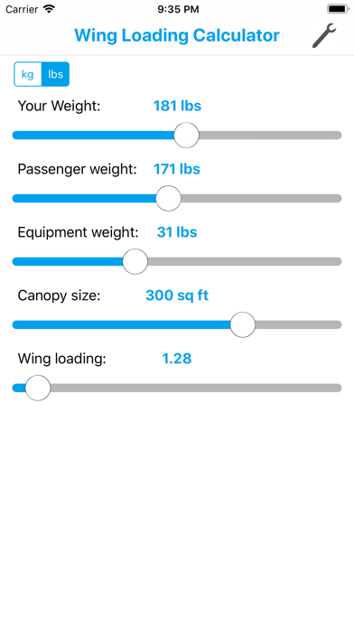 Fancy Wingloading Calculator Screenshot