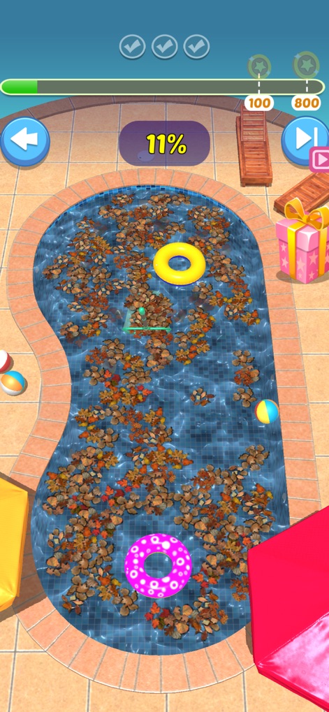 Chores! - Spring into Cleaning - Users engage in outdoor cleaning tasks, like removing leaves from a vibrant swimming pool, with progress clearly tracked by the percentage complete indicator.