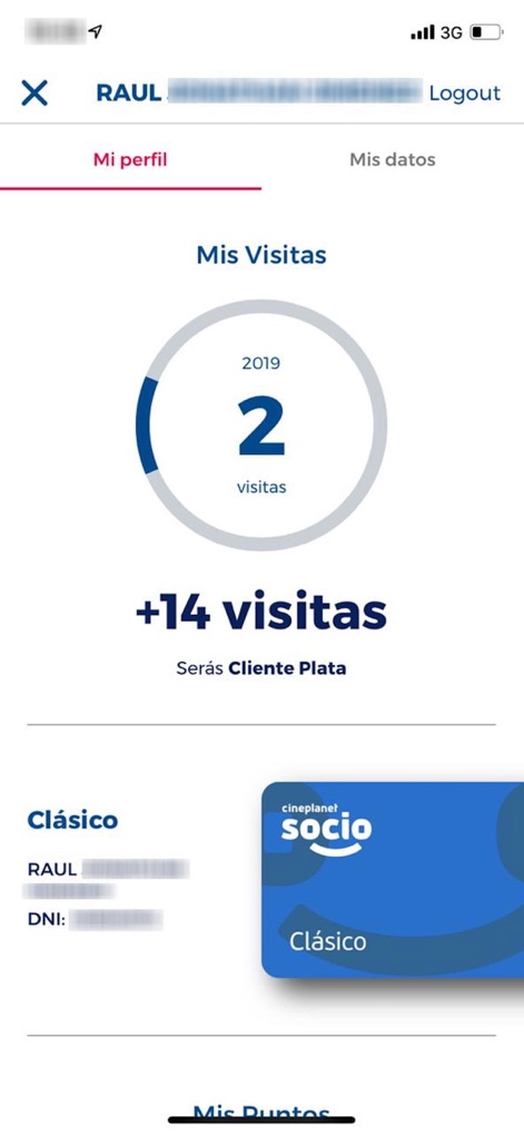 Cineplanet Perú - Los usuarios acceden a una vista detallada de su programa de fidelidad, destacando el número de "visitas" acumuladas y el nivel de su tarjeta "Socio Cineplanet".