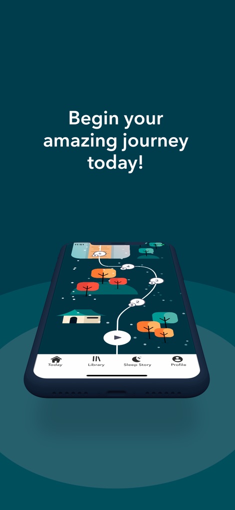 Present - Guided Meditation - The app culminates with a clear call to action, "Begin your amazing journey today!", prominently featuring the interactive, visually rich progress map and a central play button.
