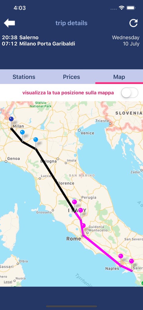 Trenìt! - find Trains in Italy - ユーザーは、選択した列車の詳細な経路を地図上で視覚的に確認でき、各駅の正確な位置を簡単に把握できます。