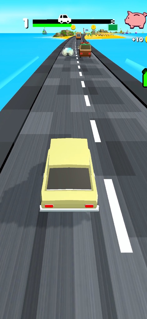 OverTake - Experience the core 'OverTake' mechanic as players skillfully maneuver past opponents, collecting coins indicated by the "+10" bonus for in-game rewards.